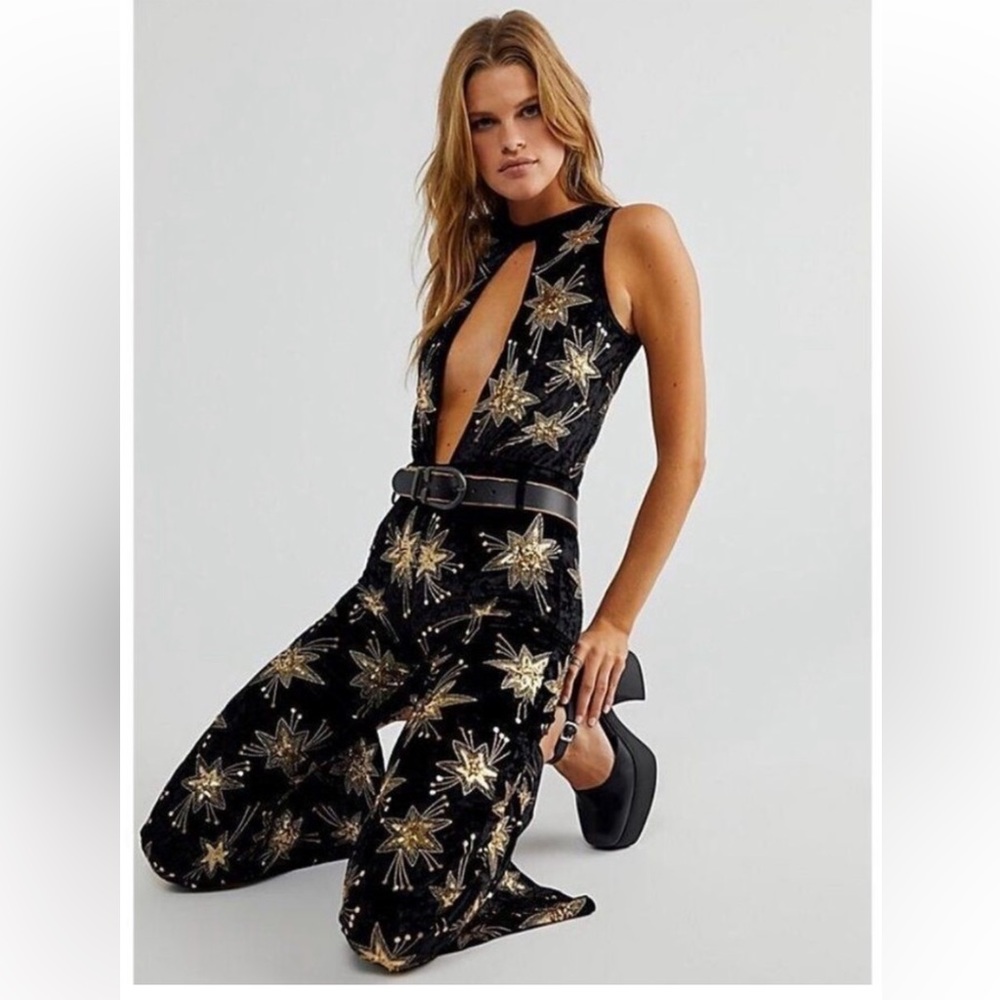 FREE PEOPLE LENNI XS  JUMPSUIT  STARS VELVET JUMPSUIT BLACK ERAS TOUR MIDNIGHT